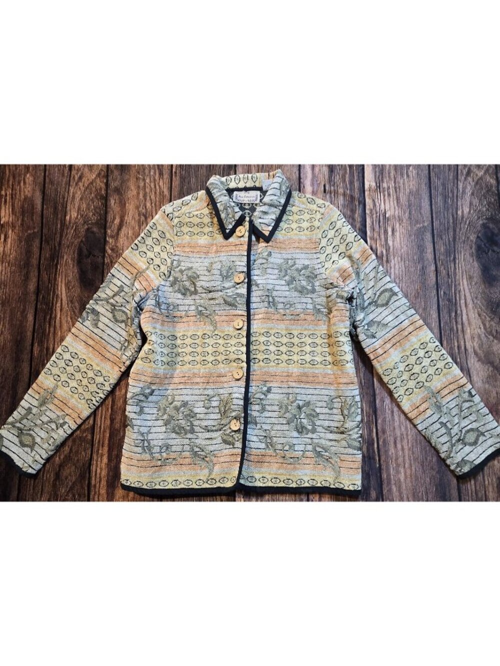 New Direction Floral Tapestry Jacket Collared Wooden Buttons Lightweight Women L